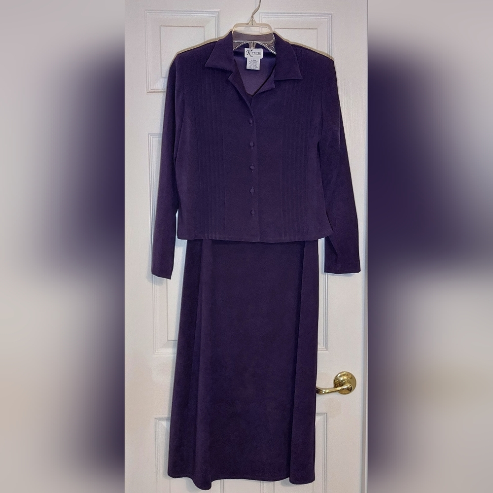 K PETITE | 4P Dark Purple/Eggplant Midi Dress with Matching Jacket. VTG 1990s